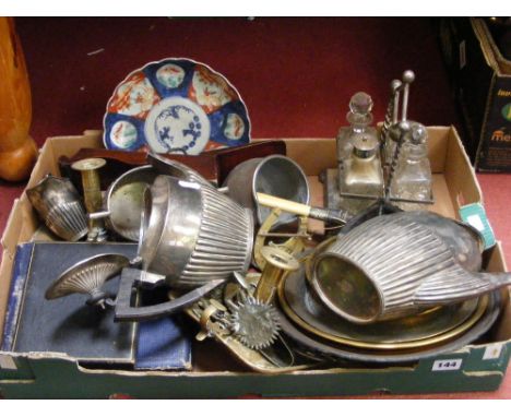 A box of assorted items comprising mainly metalware items including a four piece tea and coffee service.