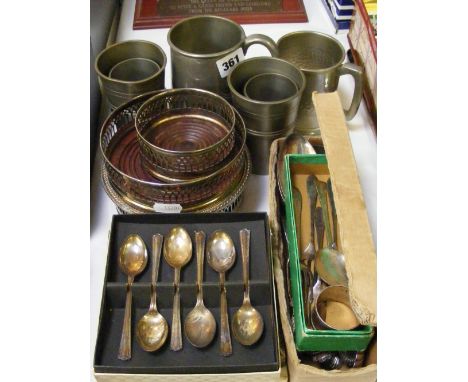 Pewter measures, tankards and silver-plated coasters, plus boxed flatware.     