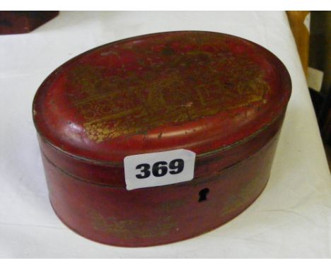 A 19th Century Chinese Tole ware tea caddy with gilt decoration on a red base.    
