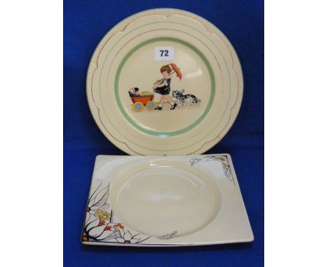 Two Clarice Cliff plates, one of circular form and having transfer printed decoration of a child pushing a baby in a pram and