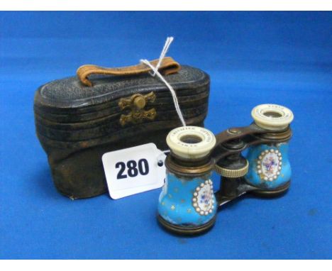 A pair of Chevalier Optician Paris opera glasses with enamel covers with hand painted cartouche of flowers with raised beadin