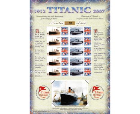 GB 2007 95th Anniversary of the sinking of Titanic limited edition sheet with 10 X SG 2570 first class self adhesive stamps w