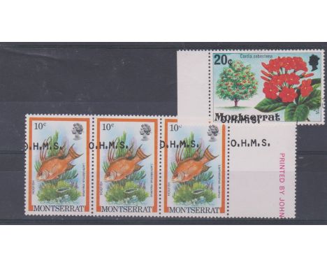 Montserrat 10c OHMS overprinted error overprint misplaced to left and onto adjacent stamp, u/m mint strip of 3