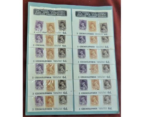 Czechoslovakia Vintage 'XLCR' stamp Packet Display board, 6d per packet and all very fine President Masaryk Moscow Issues