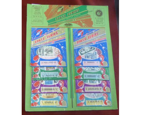 Eastern Block Space Series Vintage Stamp Packets - A full display board with Monaco, Russia, Hungary Poland etc. 6d per packe