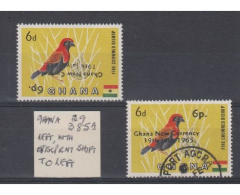 Ghana (Error) 1985 New Currency on 6d, Overprint Inverted SG 385a u/m mint and a used example, with Overprint Shift to left. 