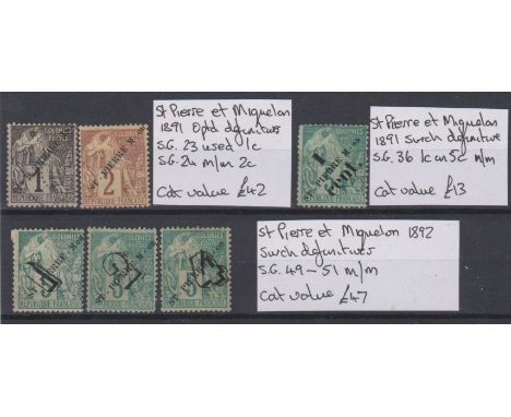 St. Pierre et Miquelon 1891 optd defins SG 32 used 1c and SG 24 m/m 2c, 1891 Surcharge definitive SG 36 1c on 5c m/m and 1892