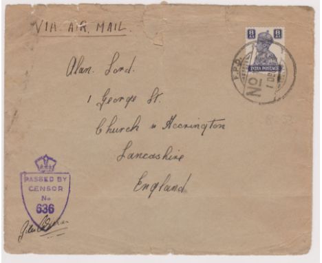 British Forces Iraq 1944 envelope posted airmail to the UK, cancelled F.P.O. No. R-33 on SG 275 8a India definitive, signed C