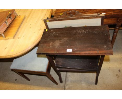 An oak and needlework firescreen; an Edwardian mahogany piano stool and a mahogany narrow side table
