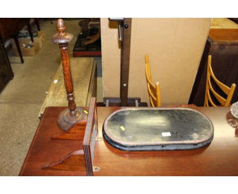 A Victorian ebonised plinth; a mahogany wall bracket and an oak stand