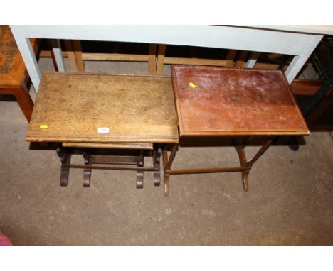 A cane top stool; a two tier trolley; an oak circular top table; a folding table and three other tables