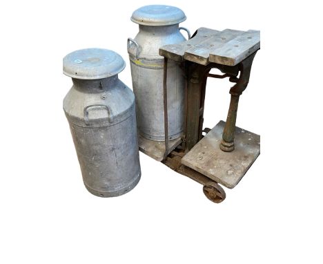 Vintage sack scales and two vintage milk churns (3).