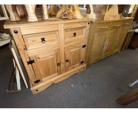 Continental pine two door side cabinet, light oak three door sideboard and copper effect framed wall mirror (3).