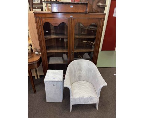 Edwardian brass triform standard lamp and shade, Victorian inlaid wall clock, Lloyd Loom bedroom chair and linen bin and ebon