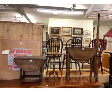 Edwardian mahogany Sutherland table, oak drop leaf coffee table, walnut tripod wine table, Vono card table and oak standard l