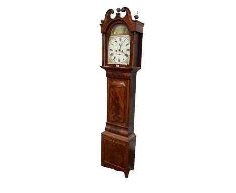 Antique mahogany eight day longcase clock having painted arched dial, 214cm.