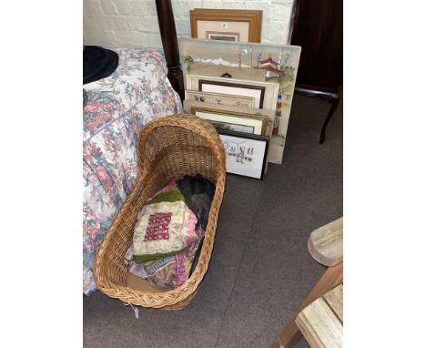 Collection of eleven various paintings, prints and needleworks, child's crib and patchwork cover.