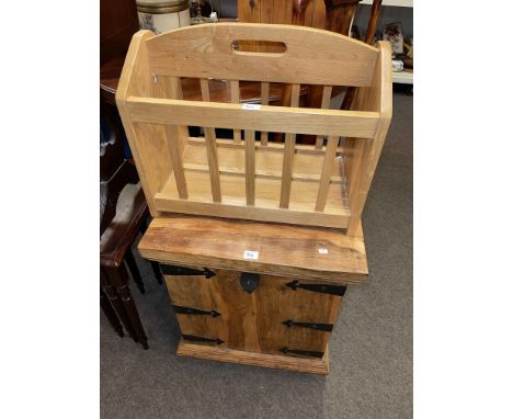 Small pine trunk, hardwood storage box and oak magazine rack (3).