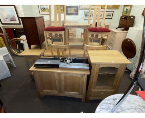 Sherry Furniture light oak extending dining table and six chairs, two door side cabinet, two drawer console table, glazed doo