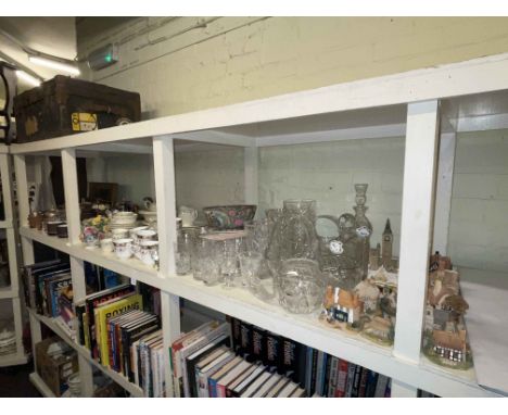 Collection of crystal and glass including decanters, Lilliput Lane, part teawares, paperweights, prints, figurines, etc.