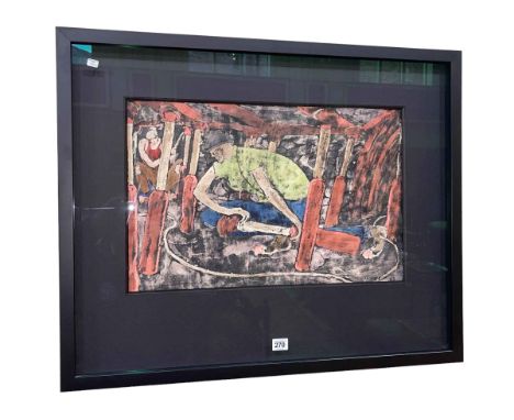 Tom McGuinness, Erecting the Props, watercolour, signed and dated 88 lower right, 35cm by 55cm, in glazed frame. *Artists Res
