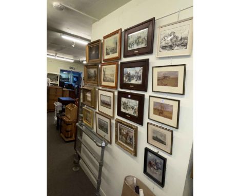 Collection of various oil paintings and prints including landscape oils, hunting and coaching prints, etc.