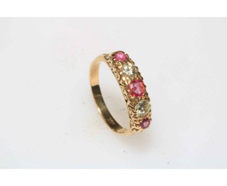 Ruby and diamond 18 carat gold ring, size L.