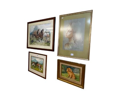 Alderson Sisters, two watercolours and print and framed pastel portrait (4).