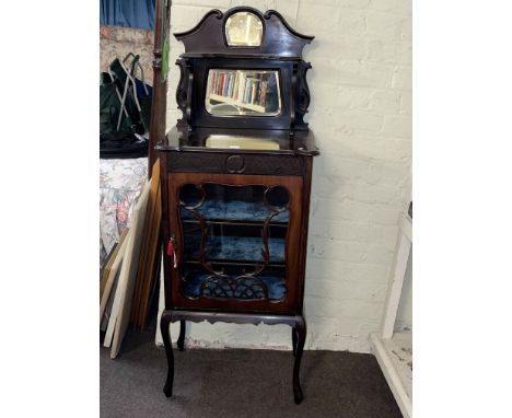 Edwardian mahogany mirror backed parlour cabinet, organ stool and vintage trunk along withlate Victorian mahogany occasional 