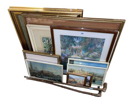 Collection of eleven various watercolours and prints including Sturgeon, Lakeland etc, and two walking canes.