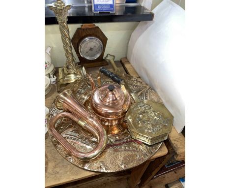 Art Nouveau brass plaque, heavy brass column lamp 48cm high, chestnut roaster, copper and brass trumpet, barometer, etc.