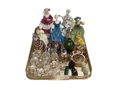 Three Royal Doulton and two Coalport figures, Royal Crown Derby paperweights: Cat, Badger and Harvest Mouse, Goebel bird, Swa