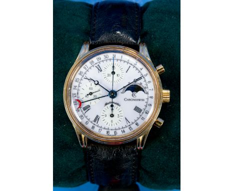 CHRONOSWISS-Chronograph, Automatik Herrenarmbanduhr aus 2004, Kaliber "C 755". Vergoldetes rundes Gehäuse an Lederarmband, Zi