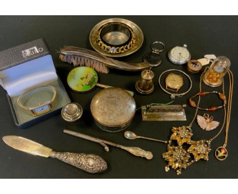 An open faced pocket watch;  bangles;  Irish b=harp;   silver moustache curler;  etc 