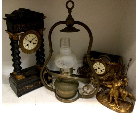 A Victorian Portico ebonised clock, c.1860;  a gilt metal mantel clock, c.1880;  a hall light (3) 