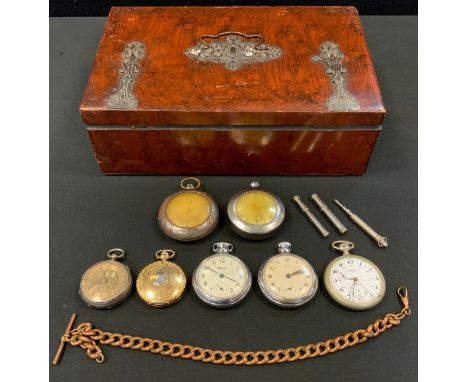 A Victorian silver ladies fob watch, ornate silver dial, raised Roman numerals, London 1879;  others base metal, chrome, plat