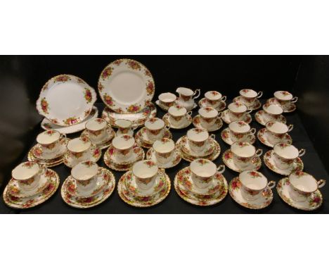 Royal Albert Old Country Roses teaware, comprising 24 teacups,  24 saucers, 12 side plates, four dinner plates, two cake plat