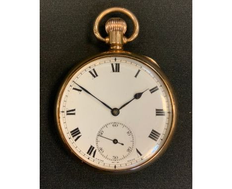 A George V 9ct gold open face pocket watch, white enamel dial, bold Roman numerals, subsidiary seconds, button wind movement,