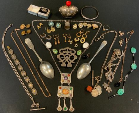Silver hinged bangle;  earrings;  brooches;  etc 