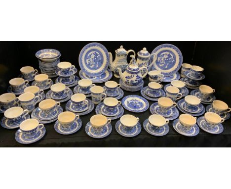 A willow pattern table service, mixed makers, inc cups, saucers, side plates, coffee pot etc;  other blue and white inc Spode