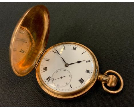 A George V 9ct gold hunter cased pocket watch, white dial, bold Roman numerals, minute track, subsidiary seconds, blued spade