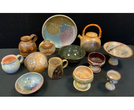 Studio pottery  - Alan Ward pedestal bowl, Crich pottery tea pot, charger wall pocket;  Celtic pottery pottery moon flask etc