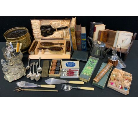 Christmas baubles;  EPBM teapot;  flatware;  four bottle condiment stand;  draughts;  cribbage board; book rack;  books;  mir