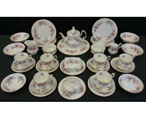 A Royal Albert Lavender Rose tea and dinner service, for six, comprising cups, saucers, side plates, dessert plates, bowls. t