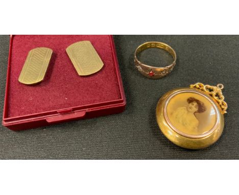 A ruby and seed pearl line ring, 22ct gold shank, size M, 2.8g gross;  9ct gold framed mourning locket pendant 3.7g gross;  a