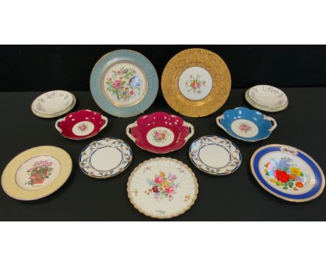 A Coalport two handled dish, decorated with flowers, signed Copley, ruby ground;   others;  Crown Staffordshrie Englands Bouq