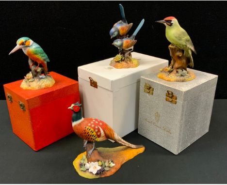 A Royal Crown Derby Bird model, Fairy Wren, white box;  others Green Woodpecker, grey box;  Kingfisher, red box;  Pheasant, p