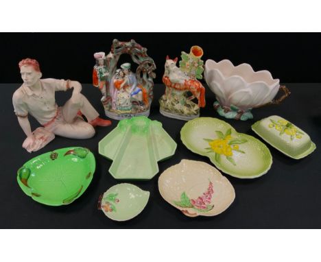 A Carltonware leaf dish;  others, Foxglove pattern;  Carltonware butter dish;  green glass handkerchief bowl;  Staffordshire 