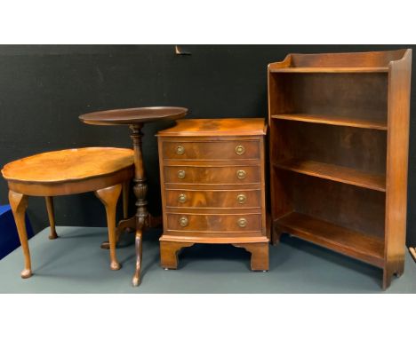 An oak three shelf bookcase, 88cm high, 56cm wide, c.1930;  a mahogany four drawer side chest, 60cm high, 45cm wide;  a walnu