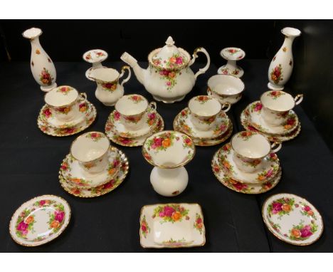 A Royal Albert Old County Rose pattern tea set, for six, inc tea pot, milk jug, sugar bowl, pair of bud vases, candlestick et